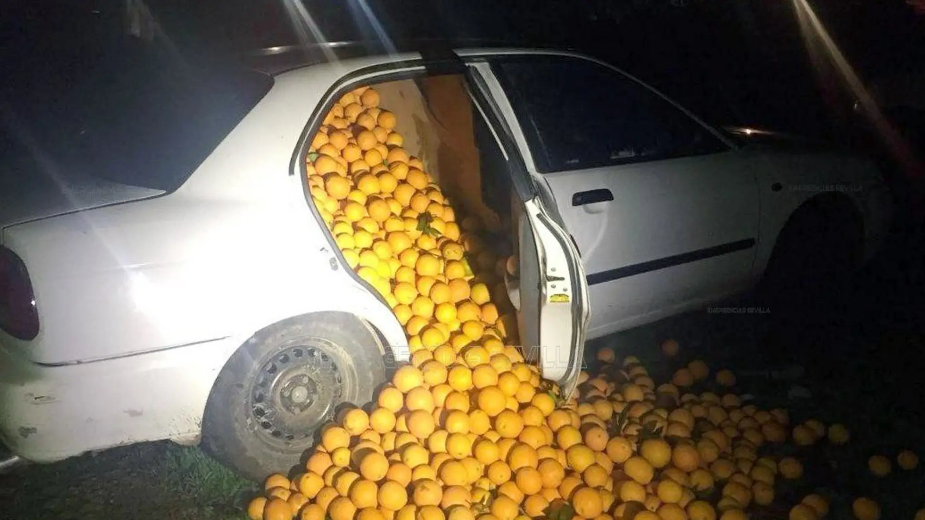 Uno de los coches llenos de naranjas