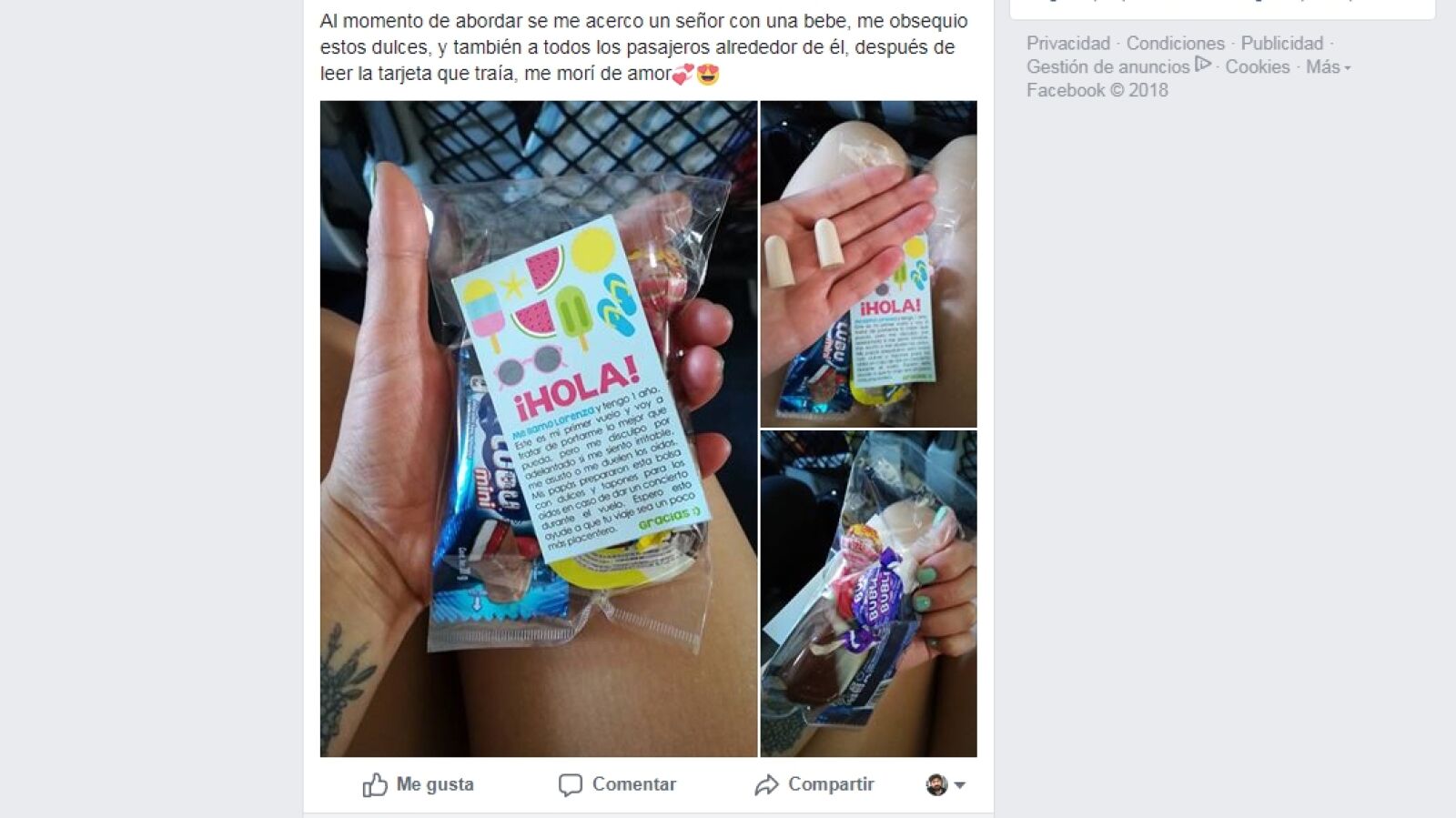 Los padres de una bebé reparten tapones y chucherías a los pasajeros del avión en que viajaban junto a un emotivo mensaje