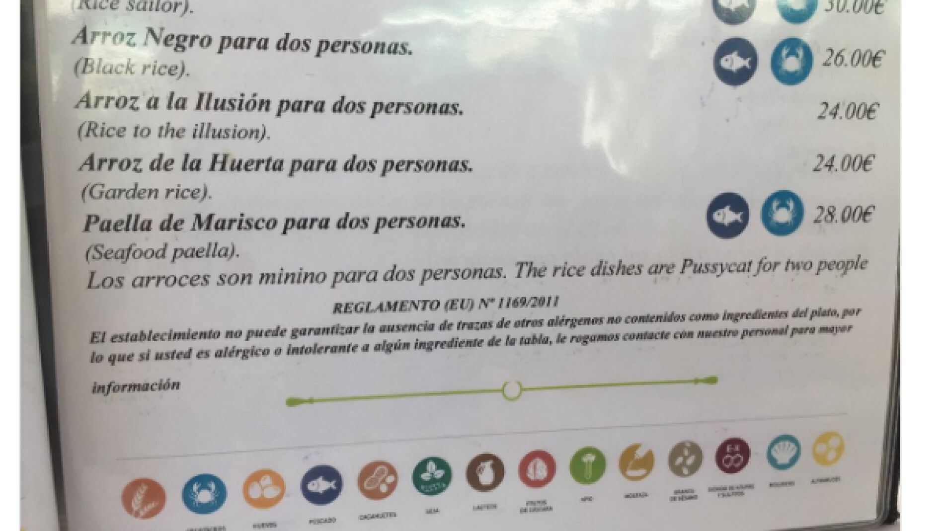 Carta de un restaurante en Cadiz