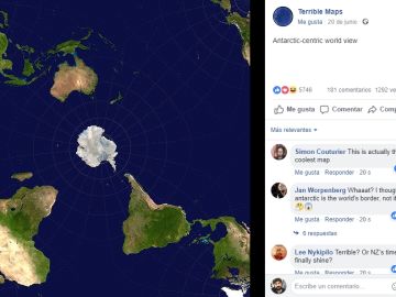 Mapa con la Antártida en el centro