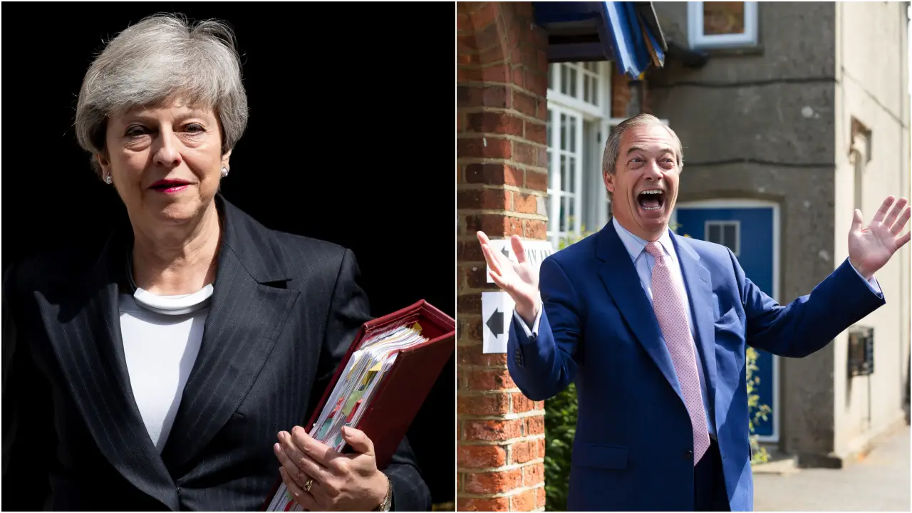 La primera ministra Theresa May y el líder del Partido del Brexit, Nigel Farage