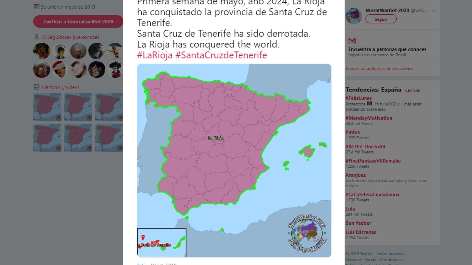 GuerraCivilBot 2020: La Rioja gana la guerra entre las distintas provincias de España simulada por un robot en Twitter