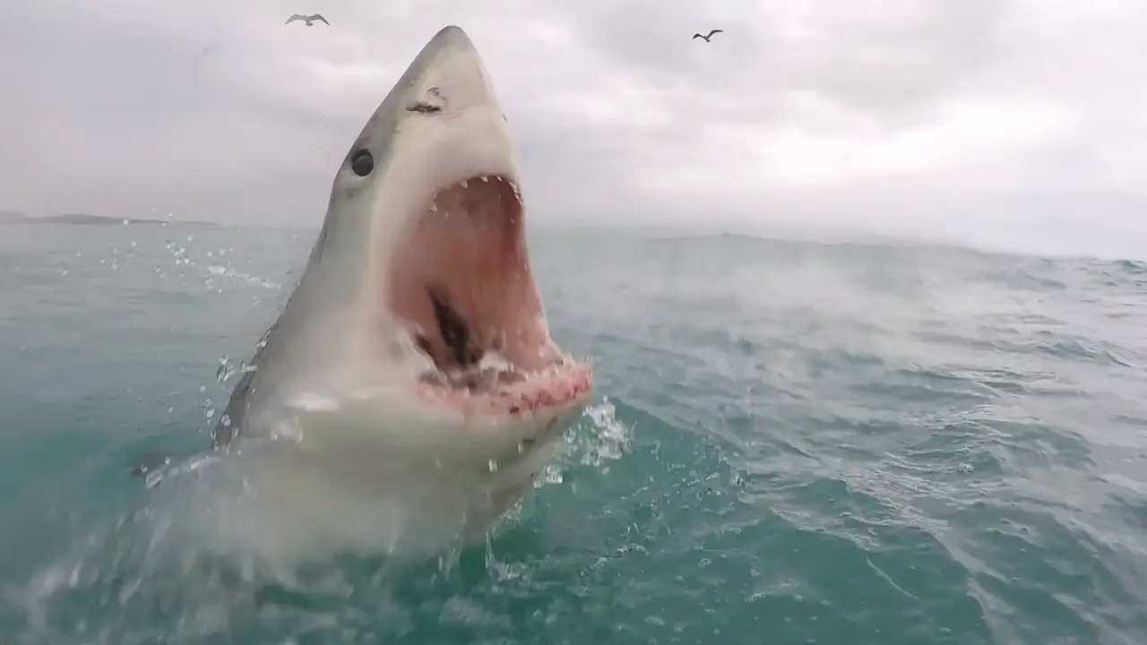 Un gran tiburón blanco devora cebo