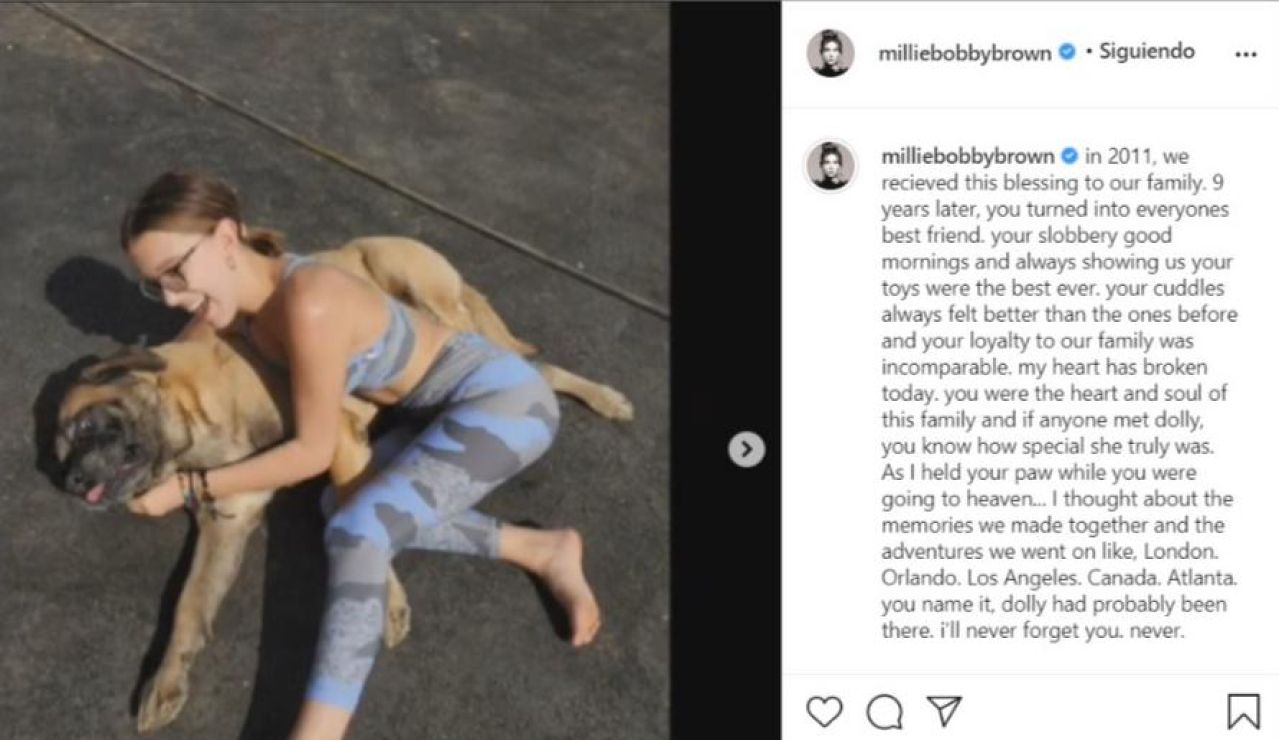 Millie Bobby Brown junto a su perrita Dolly en el vídeo que ha publicado en Instagram