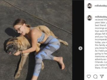 Millie Bobby Brown junto a su perrita Dolly en el vídeo que ha publicado en Instagram 