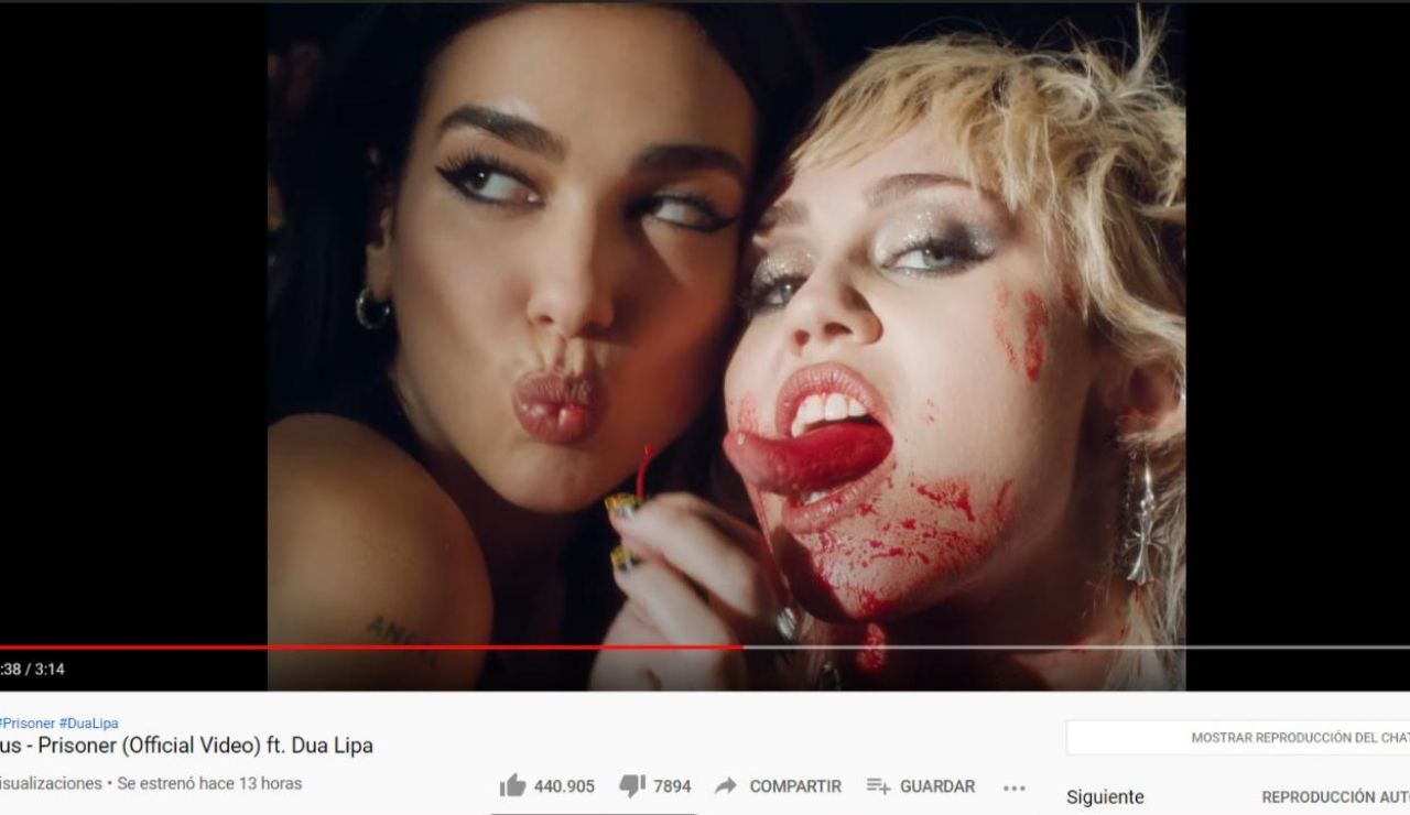 Fotograma del videoclip de 'Prisoner', la colaboración entre Miley Cyrus y Dua Lipa