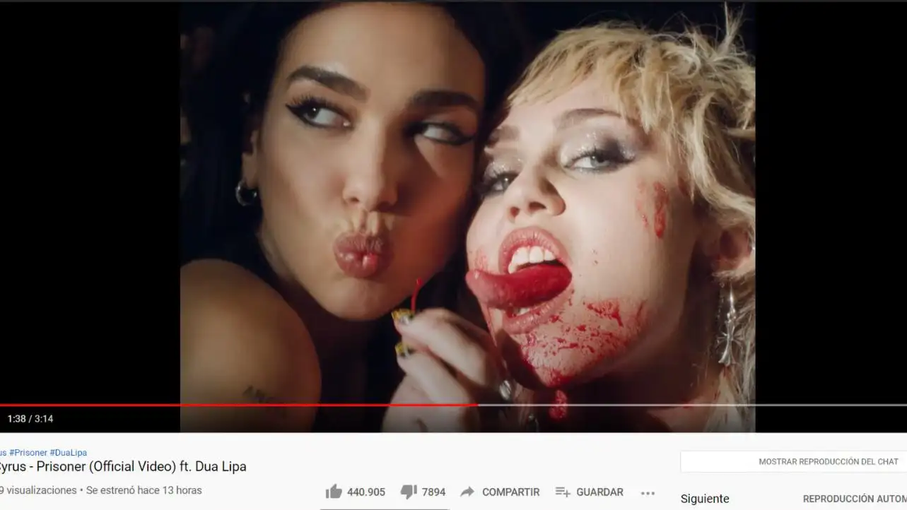 Fotograma del videoclip de 'Prisoner', la colaboración entre Miley Cyrus y Dua Lipa