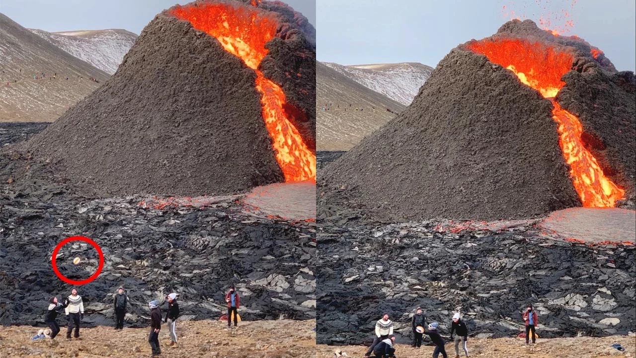 Jugando voleibol junto a un volcán