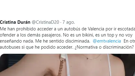 Una joven valenciana denuncia que no le dejaron subir al autobús por llevar un top demasiado corto