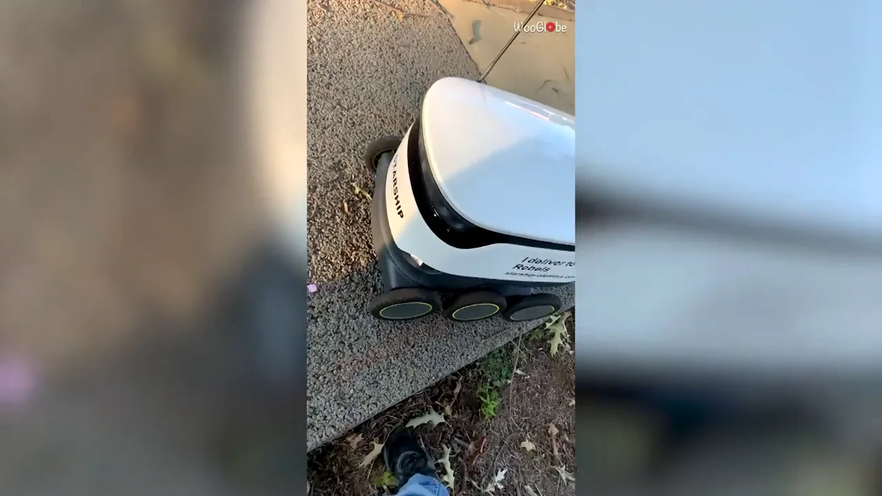 La sorpresa que se lleva este chico cuando ayuda a un robot repartidor atascado en un bordillo