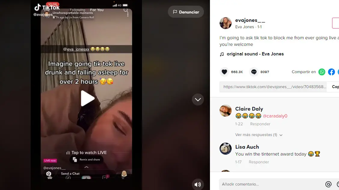 Una mujer se queda dormida borracha durante un directo en TikTok