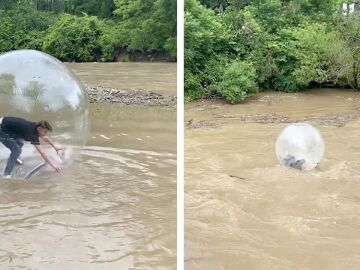 Intenta cruzar el rio en una bola de hamster