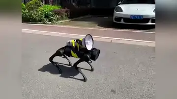 Un perro robot con altavoz ladra instrucciones de seguridad