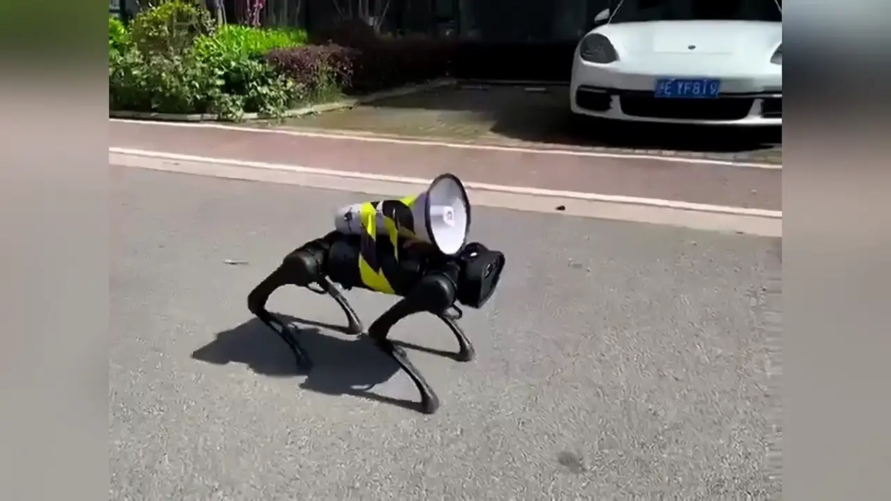 Un perro robot con altavoz ladra instrucciones de seguridad