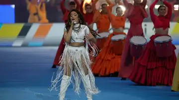 a cantante Camila Cabello durante su actuación previa al partido de la final de la Liga de Campeones 