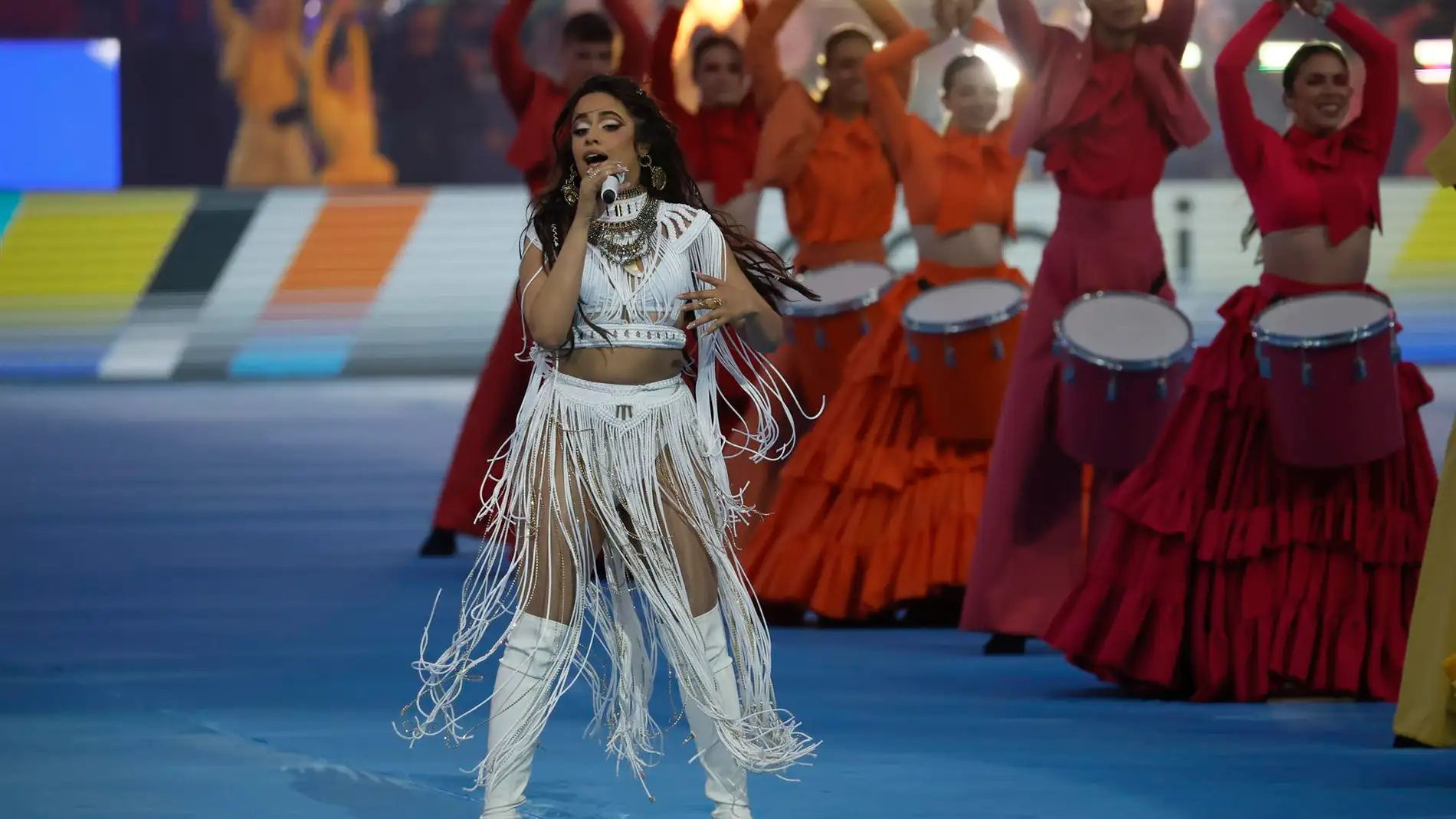 a cantante Camila Cabello durante su actuación previa al partido de la final de la Liga de Campeones 