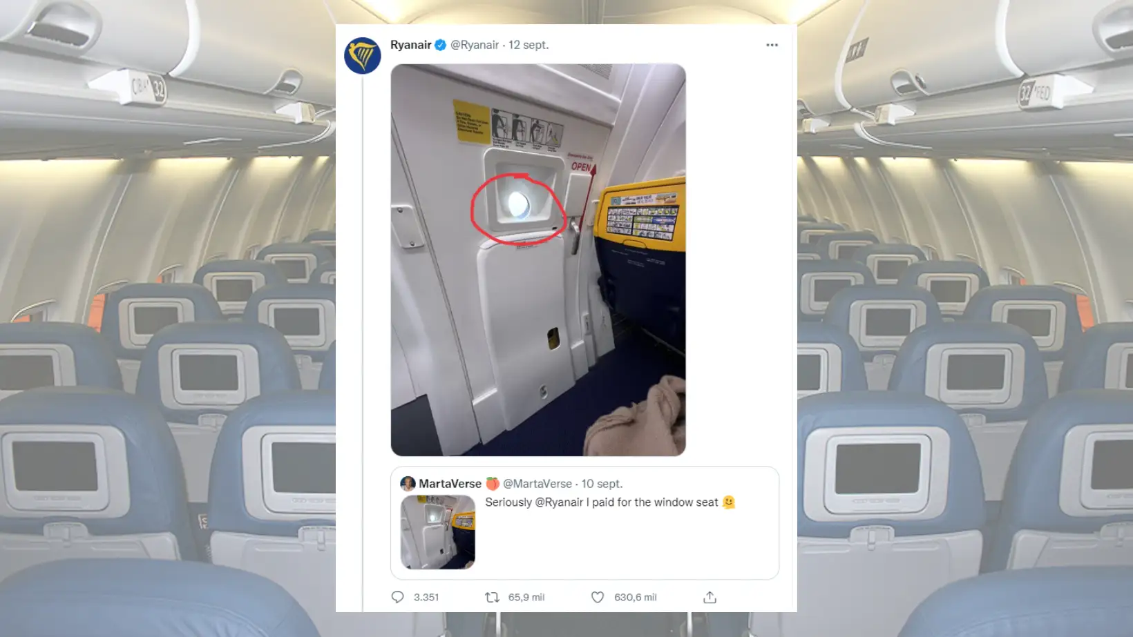Una pasajera de Ryanair comparte su supuesto asiento &#39;con ventana&#39; y la respuesta de la compañía se hace viral