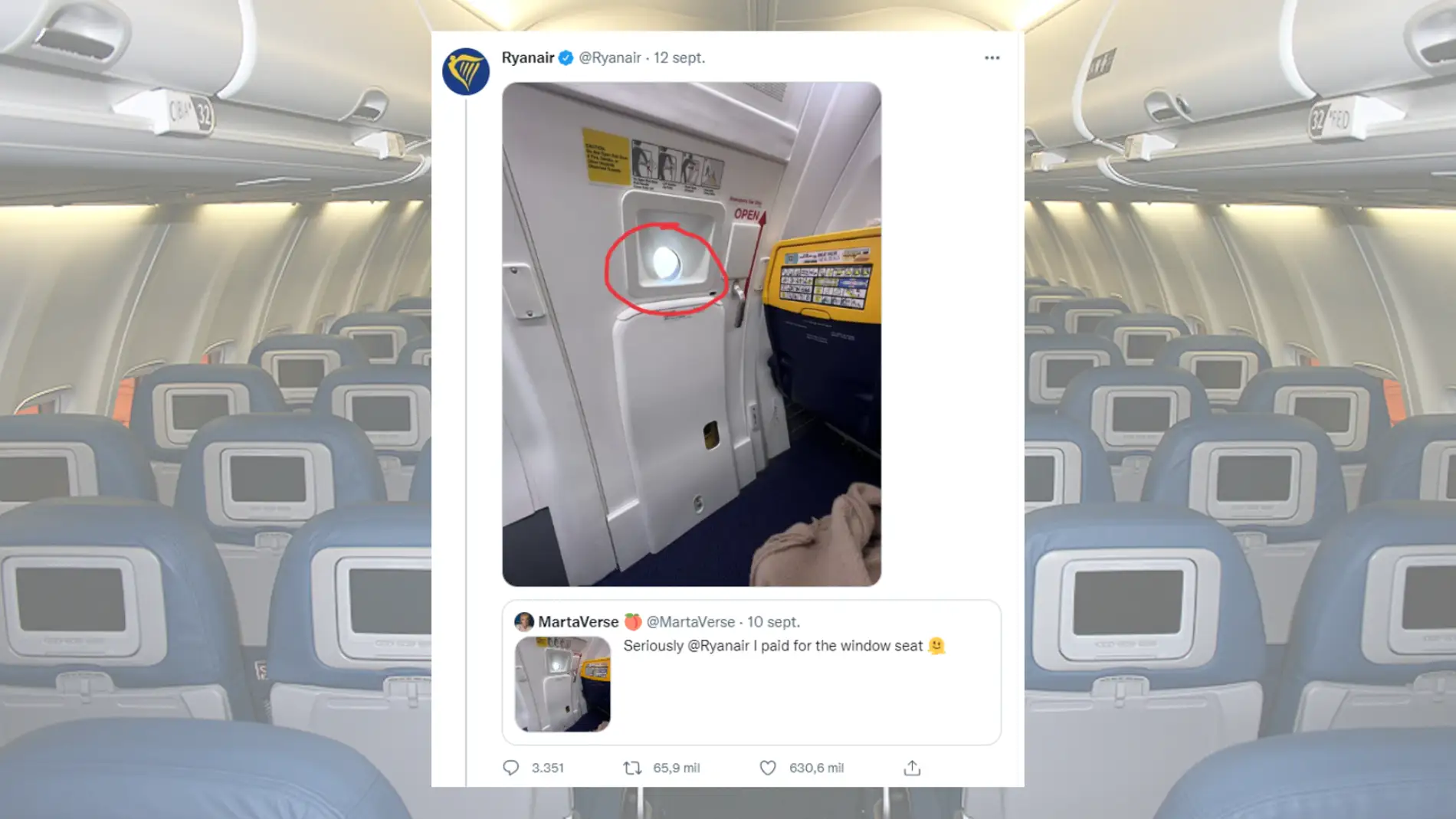 Una pasajera de Ryanair comparte su supuesto asiento 'con ventana' y la respuesta de la compañía se hace viral