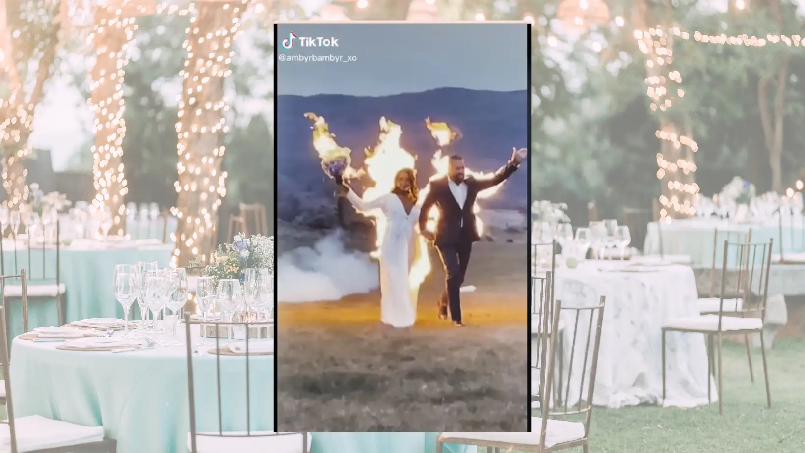Pareja entra en llamas al banquete de su boda
