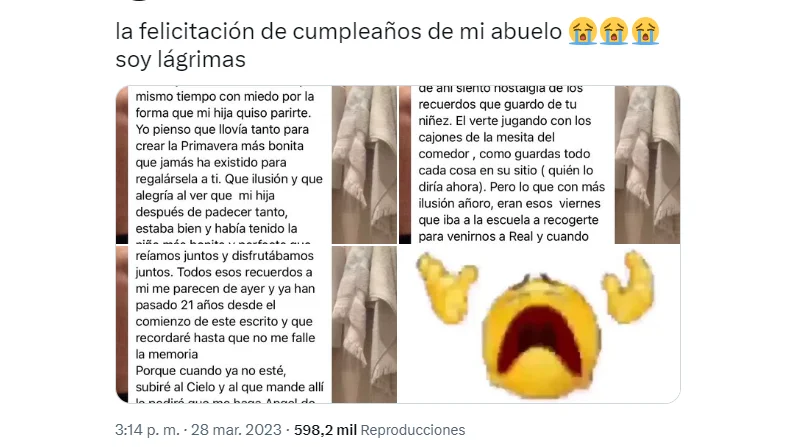 Tuit de @punpuunn con la felicitaci&oacute;n de su abuelo
