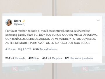 Tuit viral de Janire, en el que explica todo lo que est&aacute; viviendo con el robo.