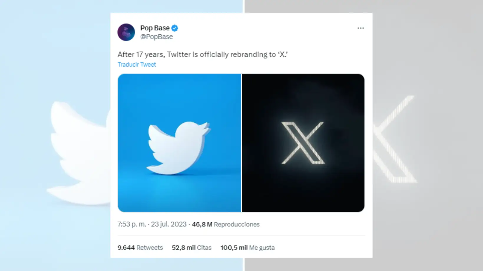 Tuit viral de Pop Base en el que comparten la noticia del rebranding de Twitter.