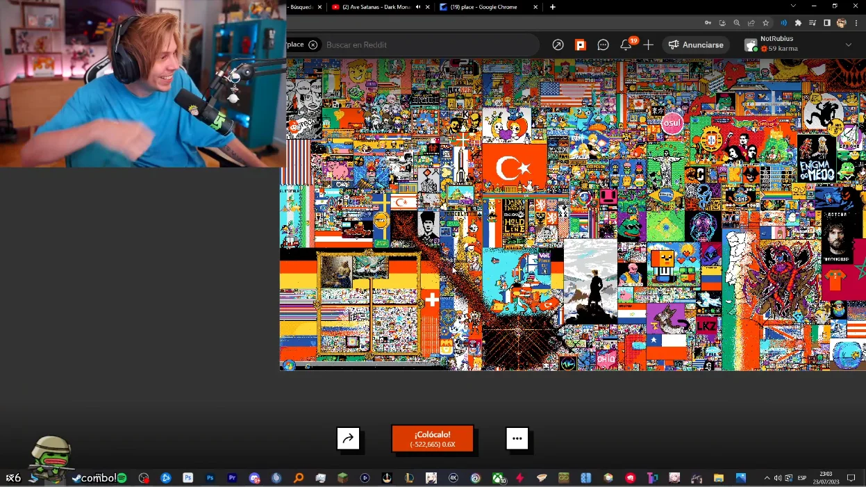 Rubius durante el ataque a la bandera de Francia en el mural de Reddit