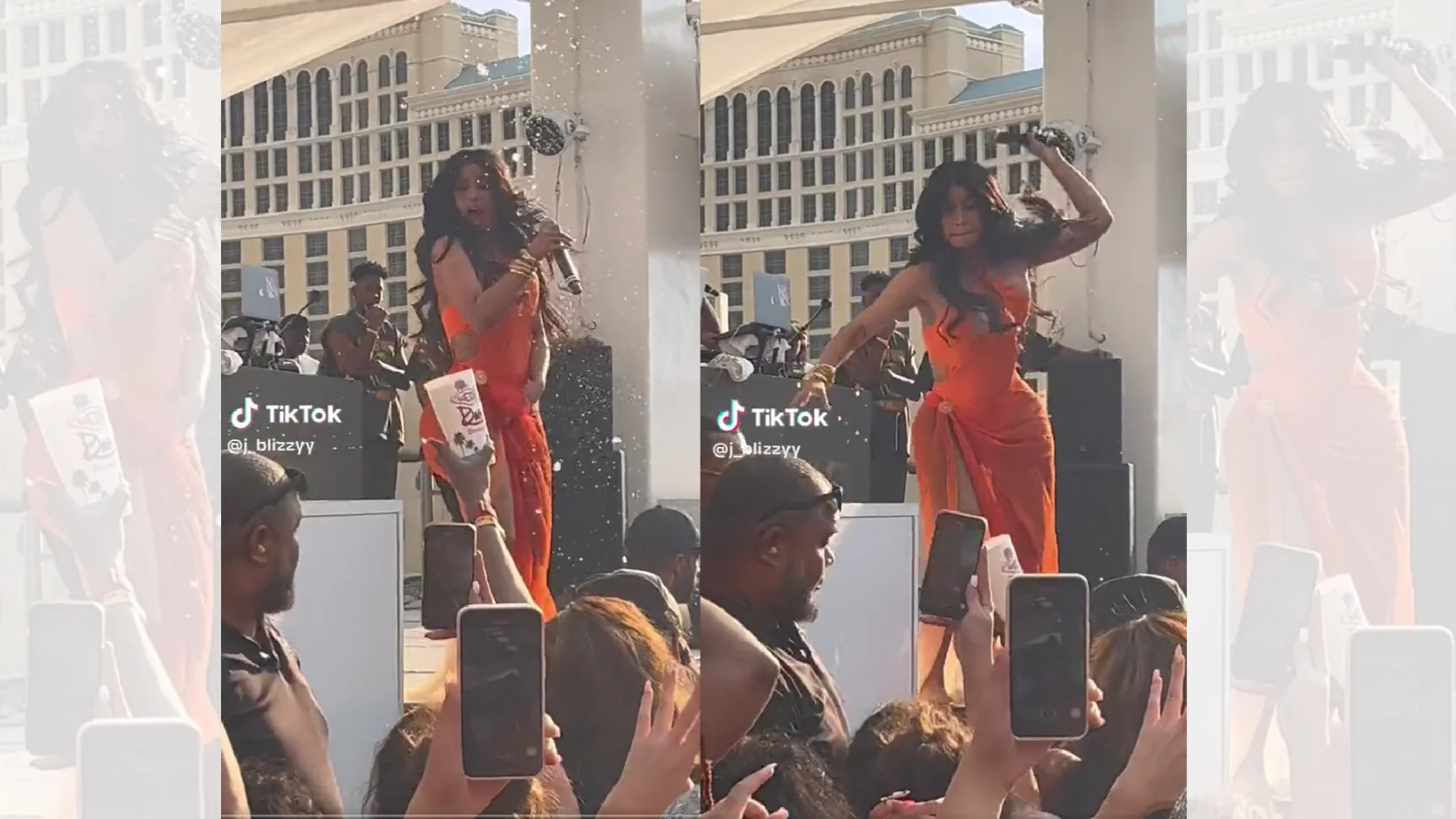 Cardi B después de que la fan le tirara su bebida. Cardi B después de que la fan le tirara su bebida.