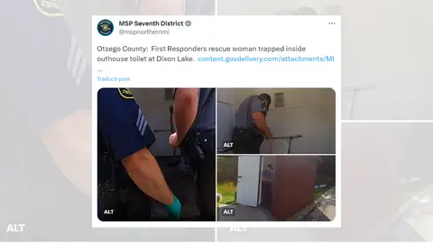 Tuit oficial de la policía compartiendo la noticia sobre la mujer que se ha quedado atrapada en el lavabo. Tuit oficial de la policía compartiendo la noticia sobre la mujer que se ha quedado atrapada en el lavabo.