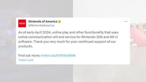 Tuit anunciando el fin de las conexiones online en la Nintendo 3DS y la Wii U. Tuit anunciando el fin de las conexiones online en la Nintendo 3DS y la Wii U.