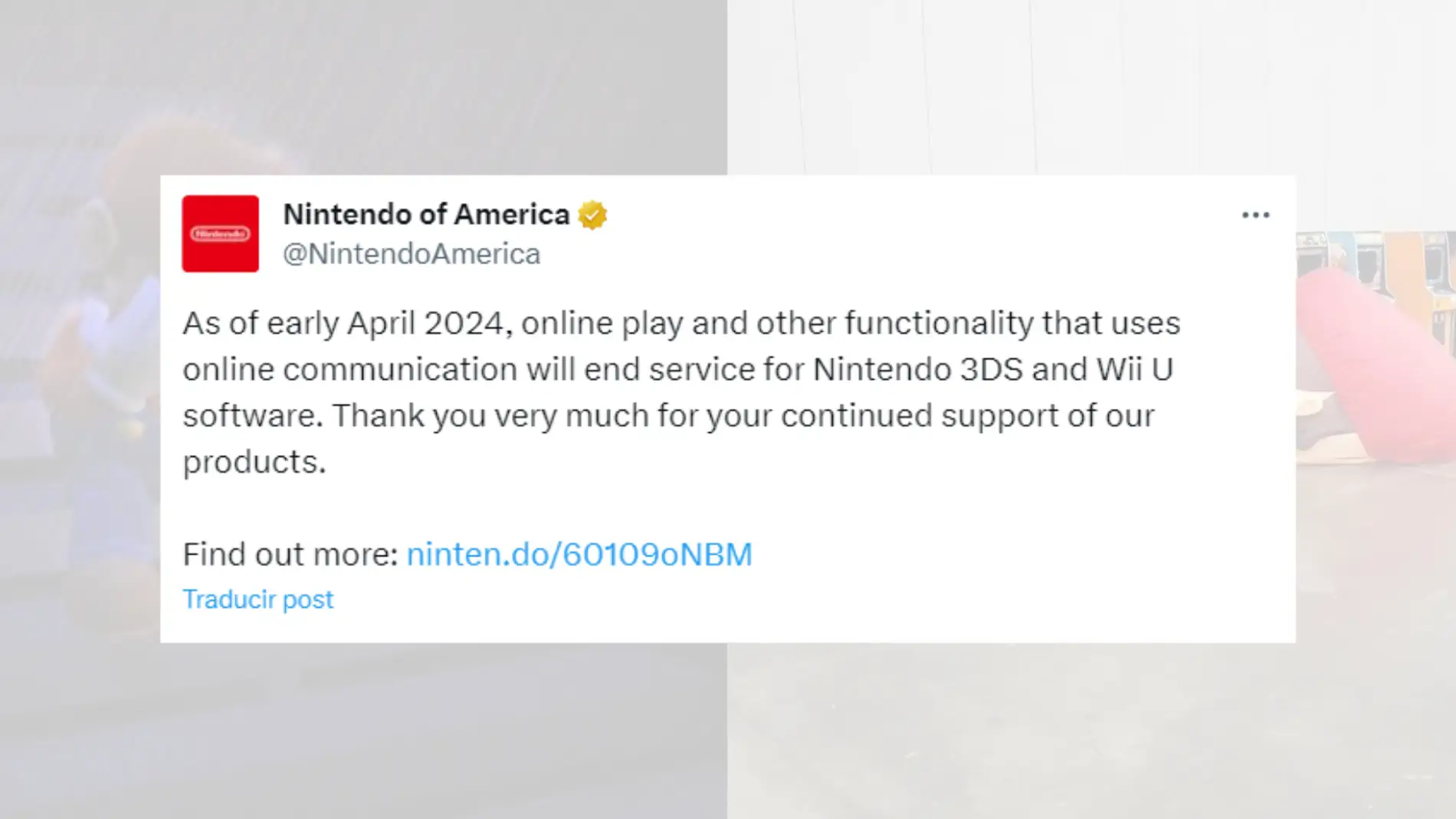 Tuit anunciando el fin de las conexiones online en la Nintendo 3DS y la Wii U.