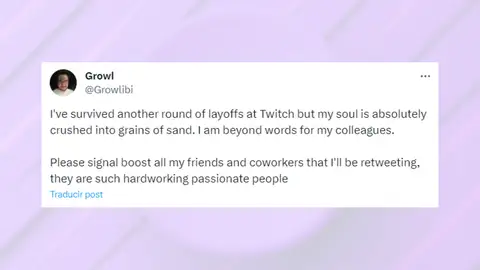 Tuit de uno de los trabajadores de Twitch, sobre los despidos de la plataforma. Tuit de uno de los trabajadores de Twitch, sobre los despidos de la plataforma.