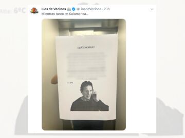 Tuit sobre el mensaje que le han dejado en el ascensor a un vecino.