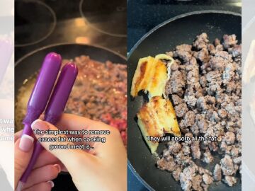 TikTok viral en el que utiliza dos tampones para absorber la grasa de la carne.