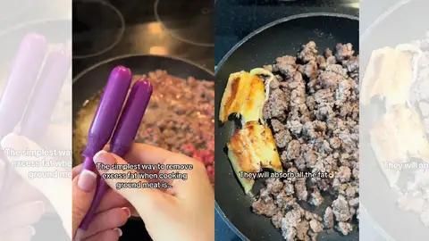 TikTok viral en el que utiliza dos tampones para absorber la grasa de la carne. TikTok viral en el que utiliza dos tampones para absorber la grasa de la carne.