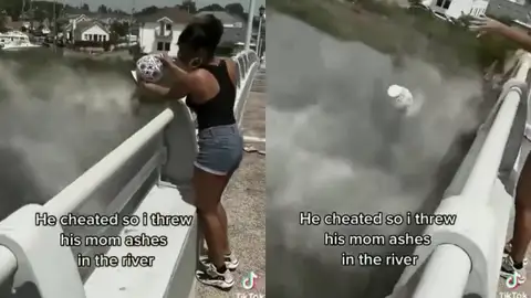 Una mujer tira las cenizas de su suegra al río como venganza. Una mujer tira las cenizas de su suegra al río como venganza.