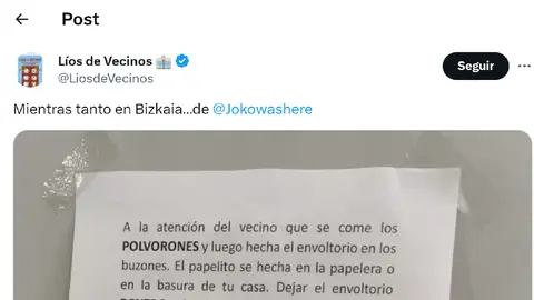 Pantallazo del tuit de @LiosdeVecinos Pantallazo del tuit de @LiosdeVecinos