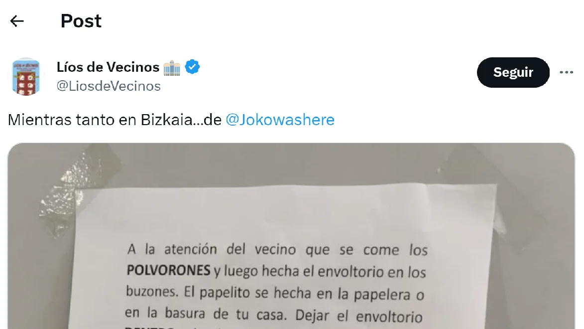 Pantallazo del tuit de @LiosdeVecinos