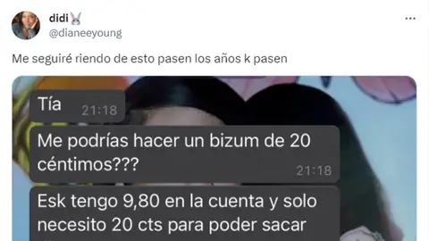Tuit viral sobre una conversación de WhatsApp en la que le piden un Bizum. Tuit viral sobre una conversación de WhatsApp en la que le piden un Bizum.