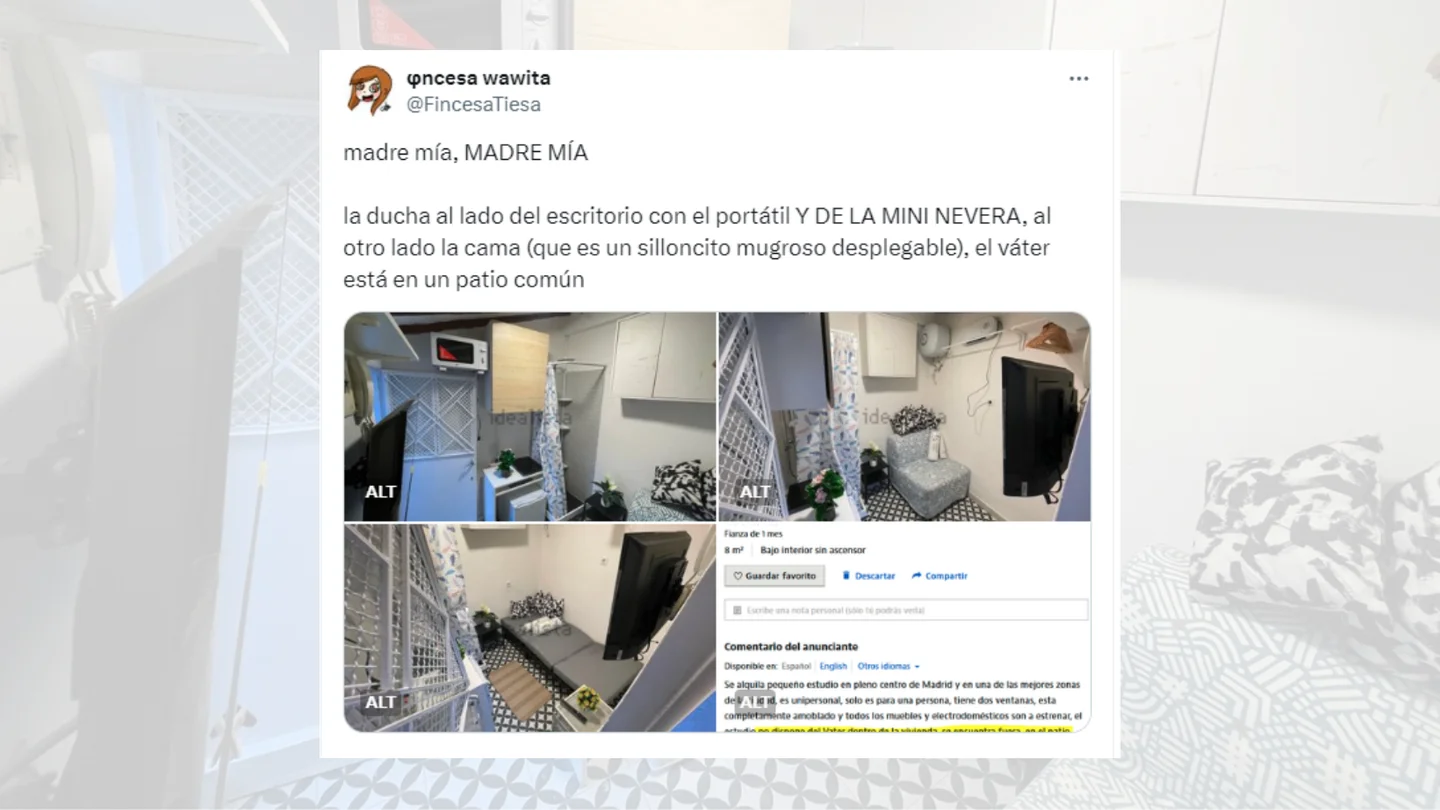 Tuit viral sobre el alquiler de un trastero sin retrete por 400 euros en Madrid. Tuit viral sobre el alquiler de un trastero sin retrete por 400 euros en Madrid.