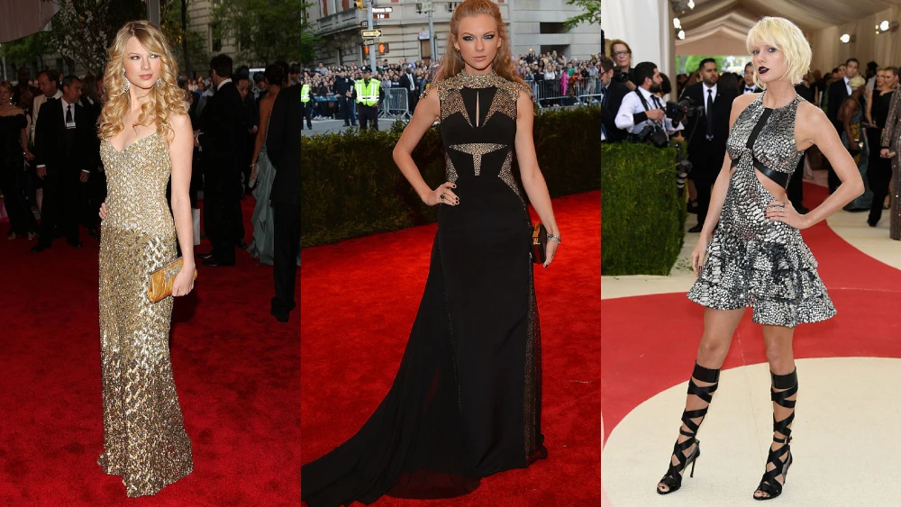 Taylor Swift en la Met Gala en 2008, 2013 y 2016