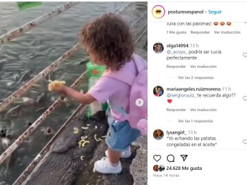 Publicación Instagram niña echando gusanitos a los peces