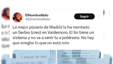 Tuit de @ElHombreMalo sobre la mejor pizzería de Madrid Tuit de @ElHombreMalo sobre la mejor pizzería de Madrid