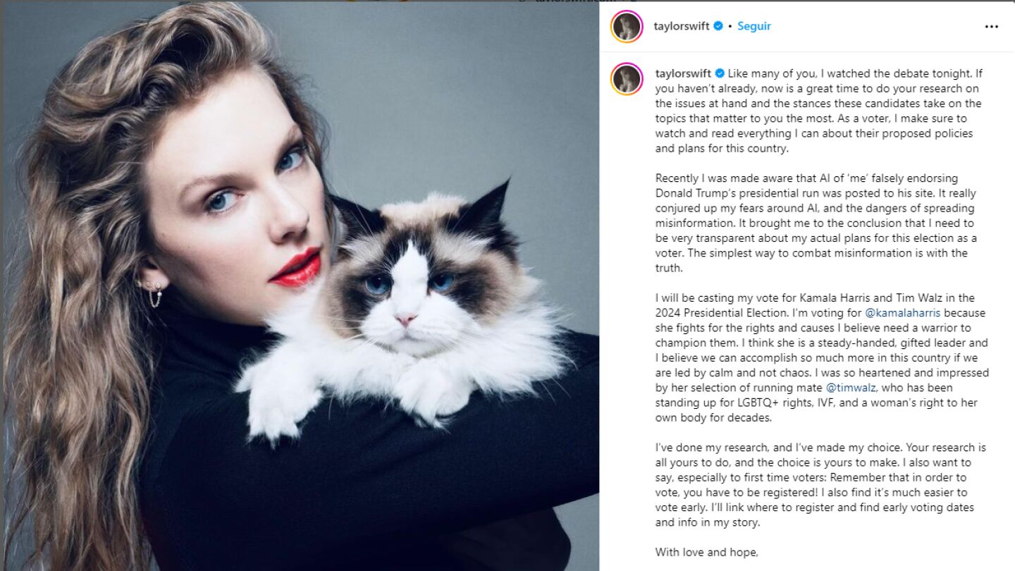 Taylor Swift anuncia su respaldo a Kamala Harris