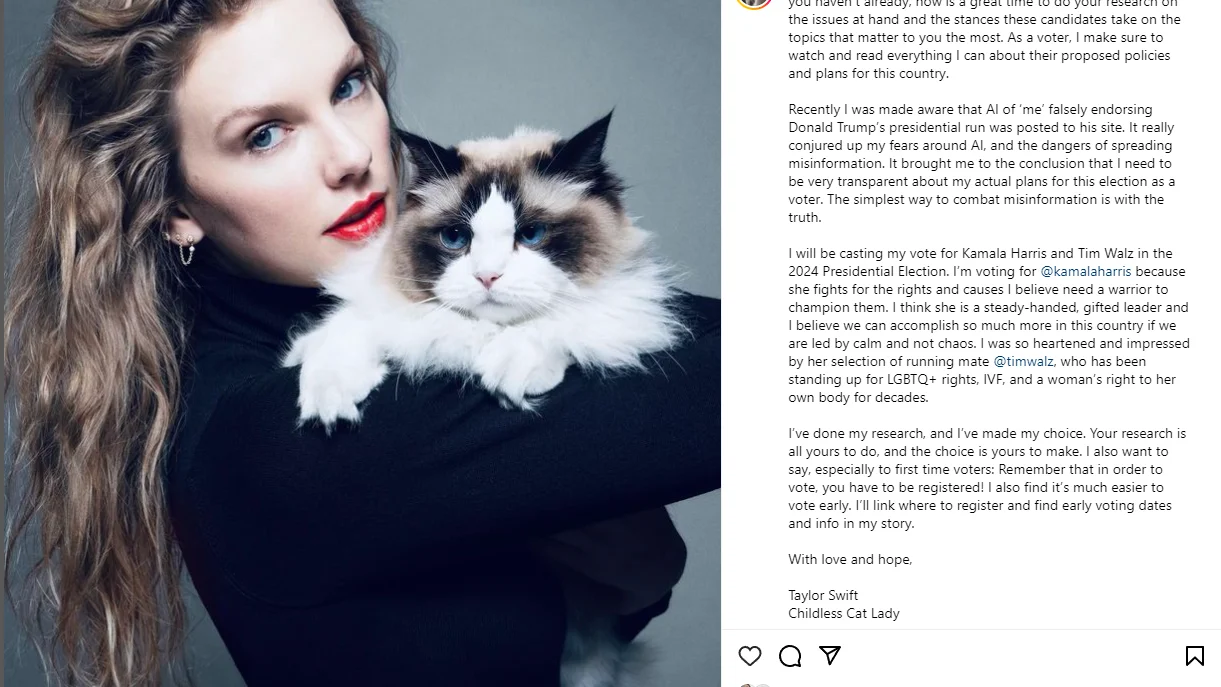 Taylor Swift anuncia su respaldo a Kamala Harris