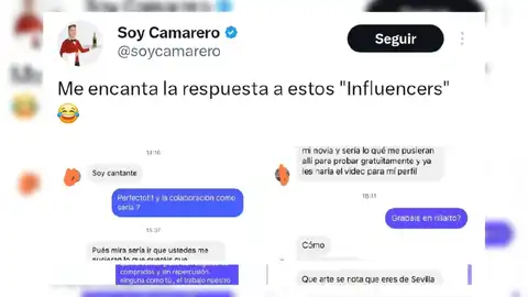 Un restaurante explota contra un influencer que pedía una colaboración para comer gratis: "Estamos hartos" Captura del tuit de Twitter/X de la cuenta @soycamarero