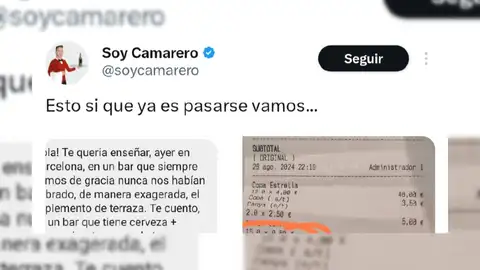 El increíble extra que le cobraron a unos clientes en un bar de Barcelona: "Me parece bastante un robo" Captura del tuit x.com / @soycamarero