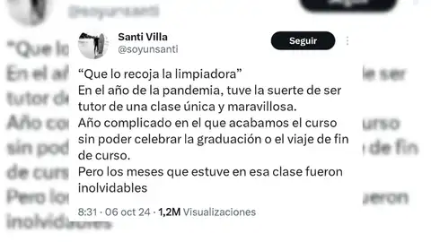 La emotivo historia que cuenta un profesor sobre la limpiadora del colegio tras un comentario: "Que lo recoja la limpiadora" desafortunado de un alumno:  x.com / @soyunsanti