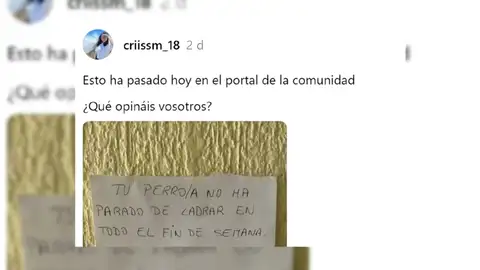 Una comunidad está en guerra vecinal por los ladridos de uno de los perros del bloque: Te voy a dar una solución. ¡Múdate! Captura del threads.net/@criissm_18