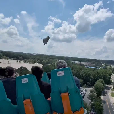 El increíble momento en que un pasajero atrapa la zapatilla de otro a 110 km/h en una montaña rusa